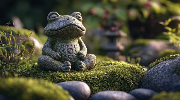 A serene Zen frog statuette in a garden