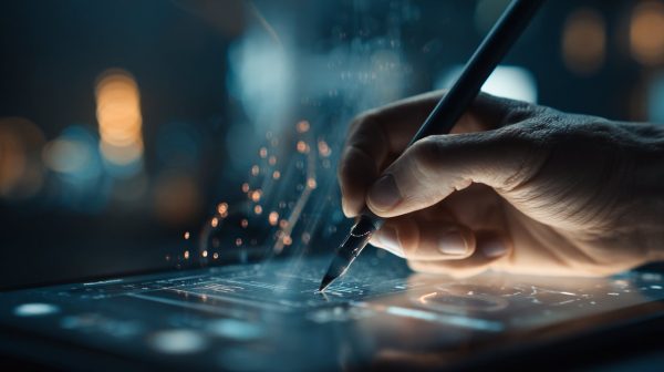 A human hand using a digital tablet, augmented by AI for creative tasks.