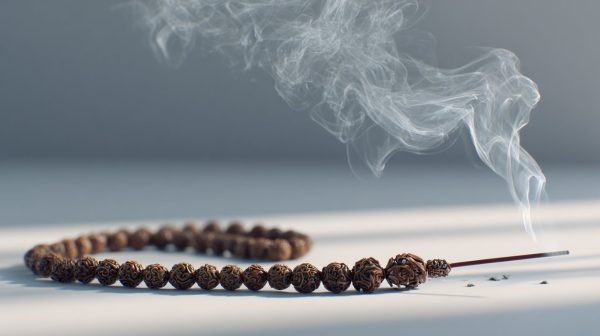 Cuentas de mala de palo de agar e incienso ardiendo.