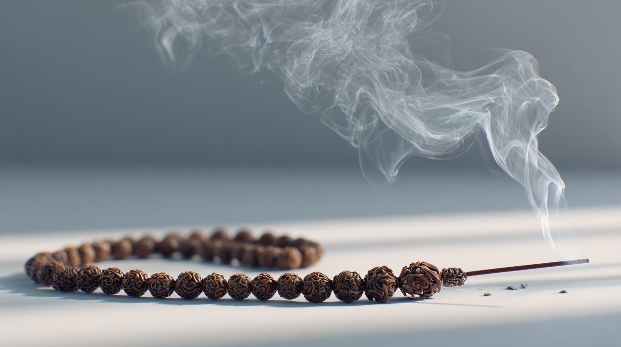 Aloeswood mala beads and burning incense.