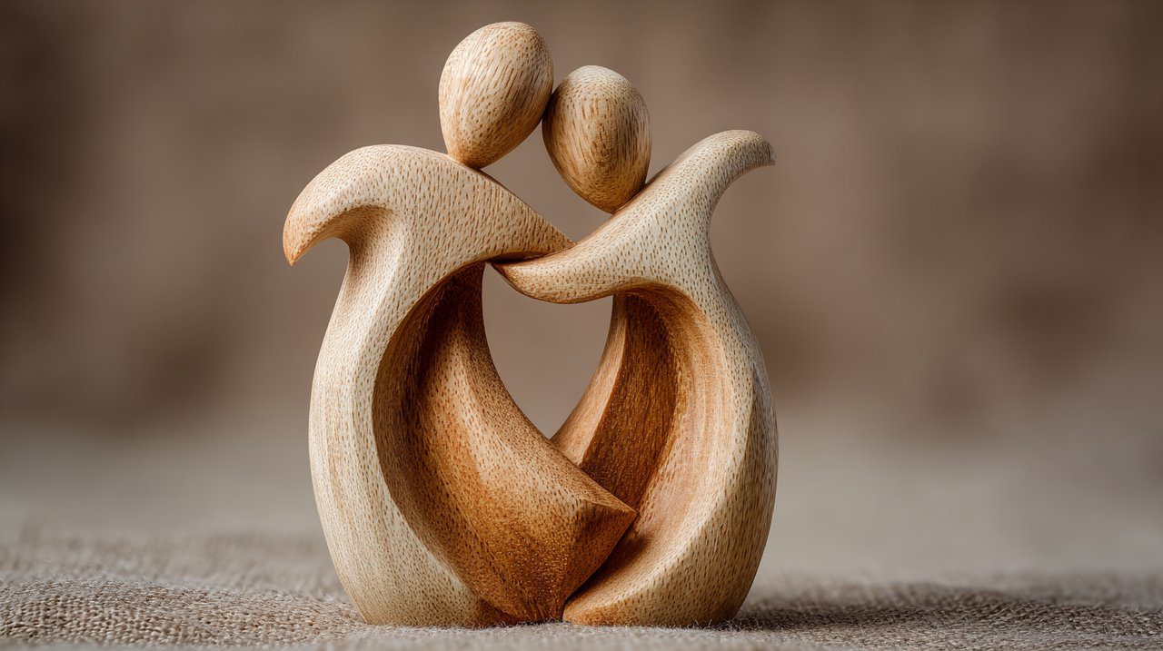 A delicate wooden carving depicting two intertwined figures, symbolizing unity and shared growth in relationships.