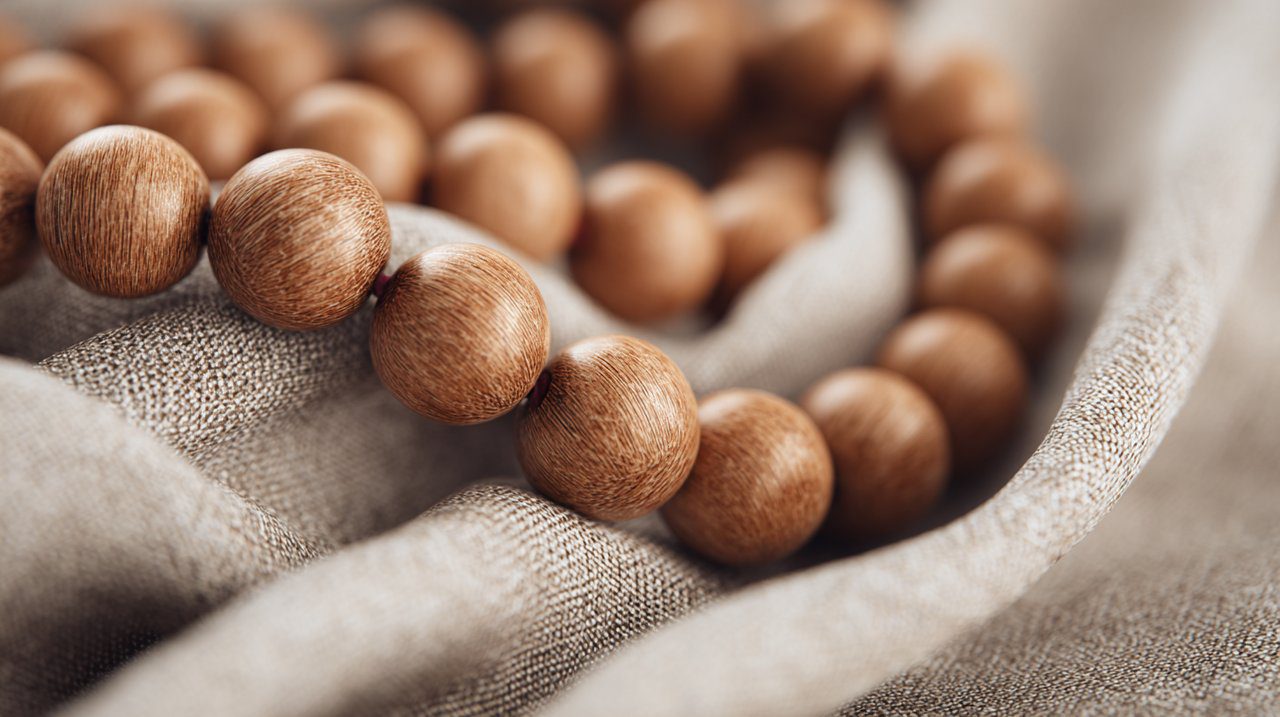 A strand of mala beads with a focus on a few textured beads, symbolizing mindful intention and contemplation.