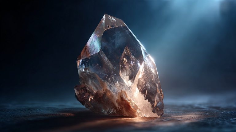 A glowing raw clear quartz crystal representing divine guidance and cosmic recalibration.