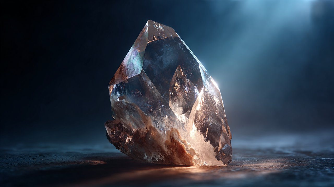 A glowing raw clear quartz crystal representing divine guidance and cosmic recalibration.