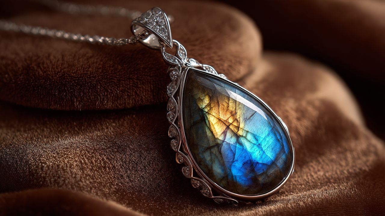 An elegant labradorite gemstone pendant, symbolizing personal transformation and evolving connections.