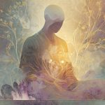 A serene, gender-neutral figure in a meditative pose, surrounded by soft, glowing light and ethereal numerical symbols, with organic shapes and natural crystals, symbolizing inner guidance and spiritual growth.