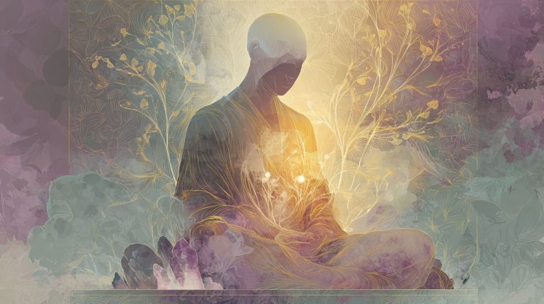 A serene, gender-neutral figure in a meditative pose, surrounded by soft, glowing light and ethereal numerical symbols, with organic shapes and natural crystals, symbolizing inner guidance and spiritual growth.