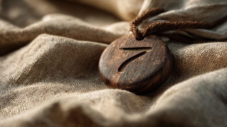 A hand-carved wooden amulet with a stylized number 7, representing spiritual wisdom.