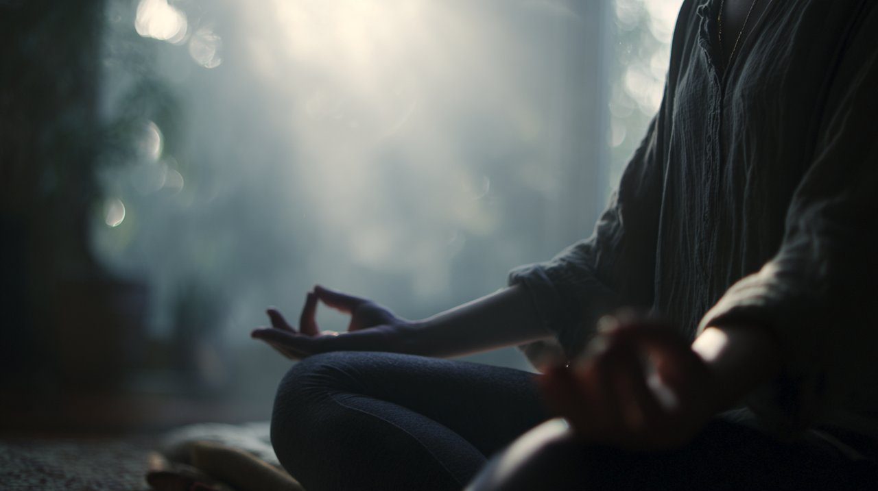 Una persona meditando, rodeada de sutiles guías espirituales animales.