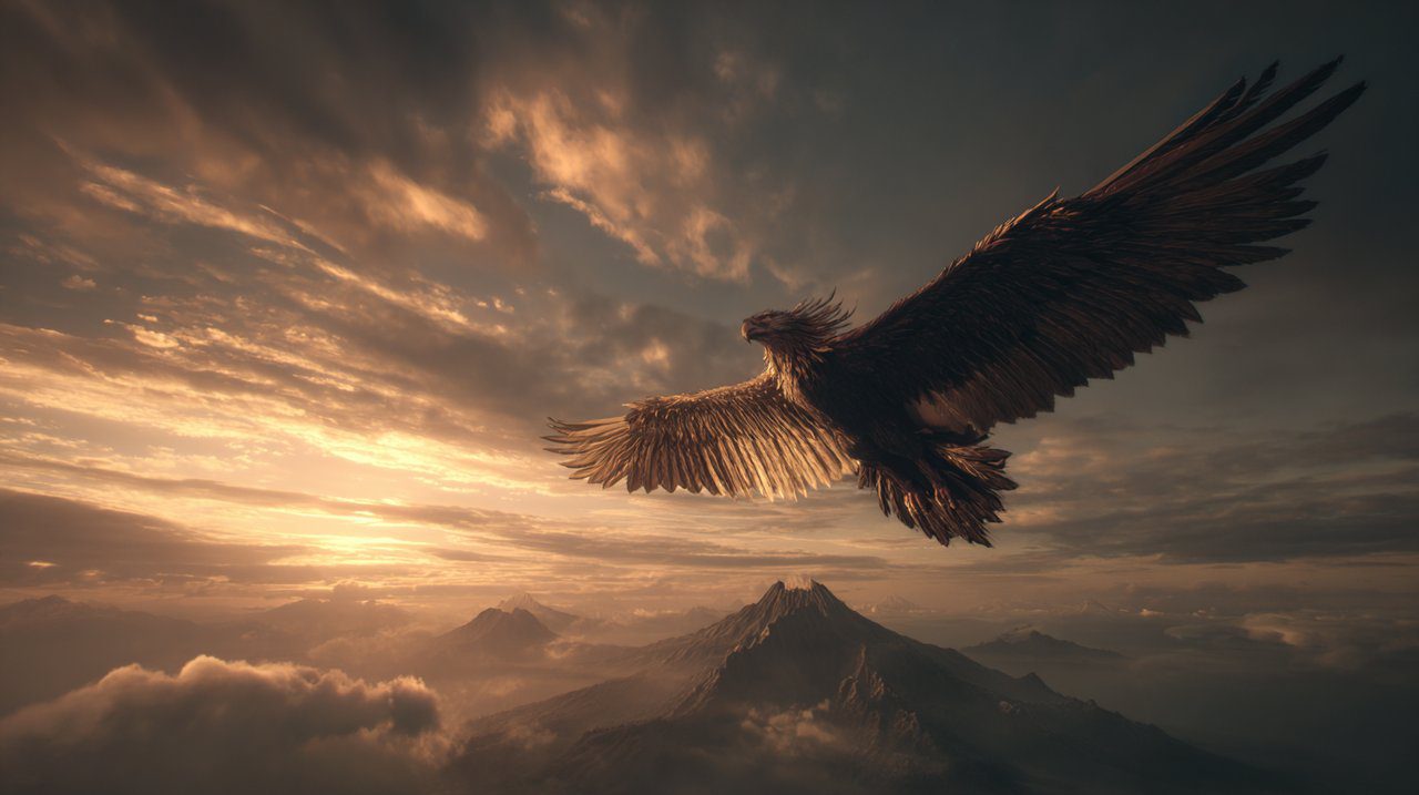 Un majestuoso Garuda volando en el cielo, simbolizando la liberación.
