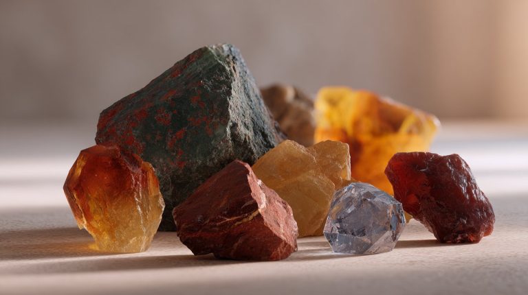 A collection of raw, uncut Aries healing crystals.