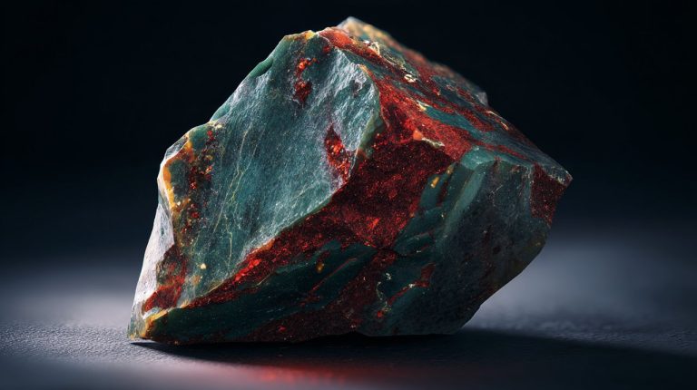 A raw, uncut bloodstone crystal with deep green and red flecks.