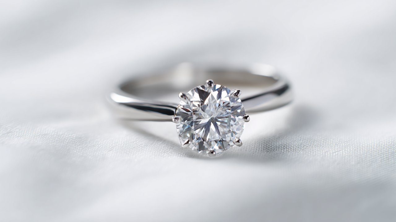 A brilliant diamond ring on a minimalist background.