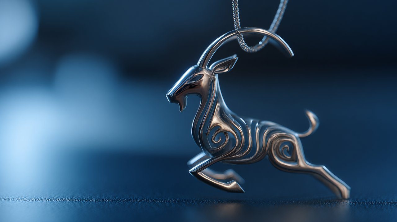 Um elegante amuleto de metal representando o espírito equilibrado do Bode de Metal.
