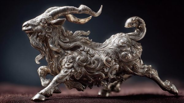 中国の十二支の羊を象った精巧な金属装飾品。