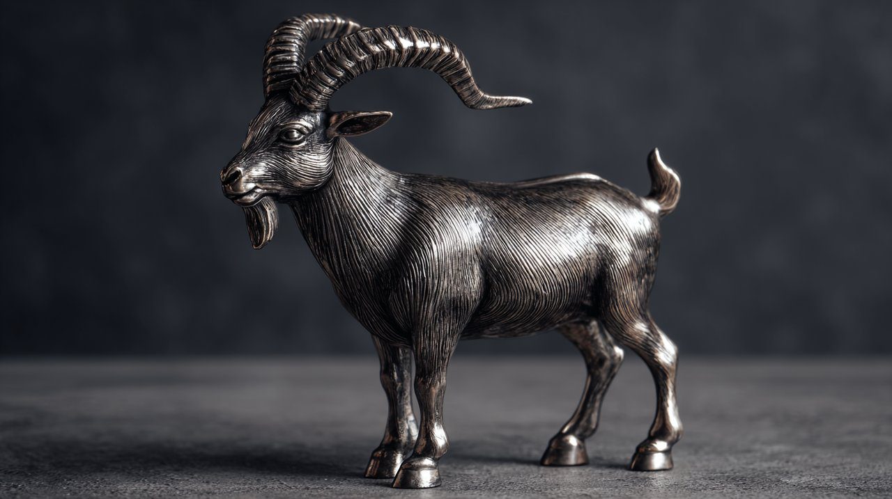 Uma estatueta de bode de metal simbolizando força e gentileza.