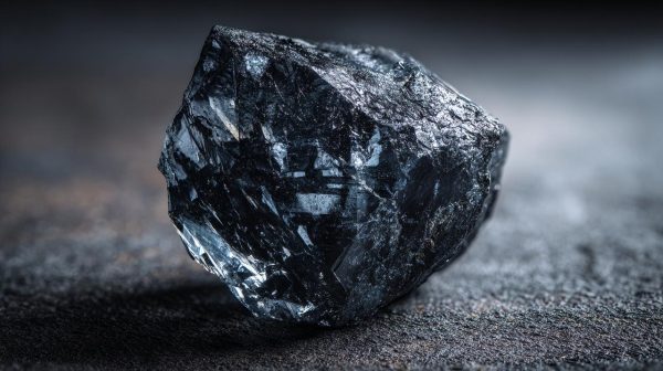 A close-up of a raw, uncut black diamond crystal.