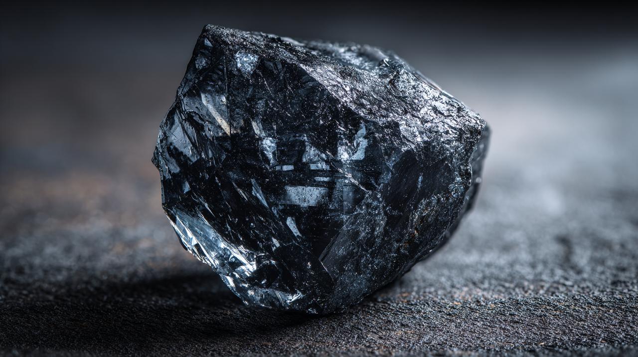 Un primer plano de un cristal de diamante negro en bruto, sin tallar.