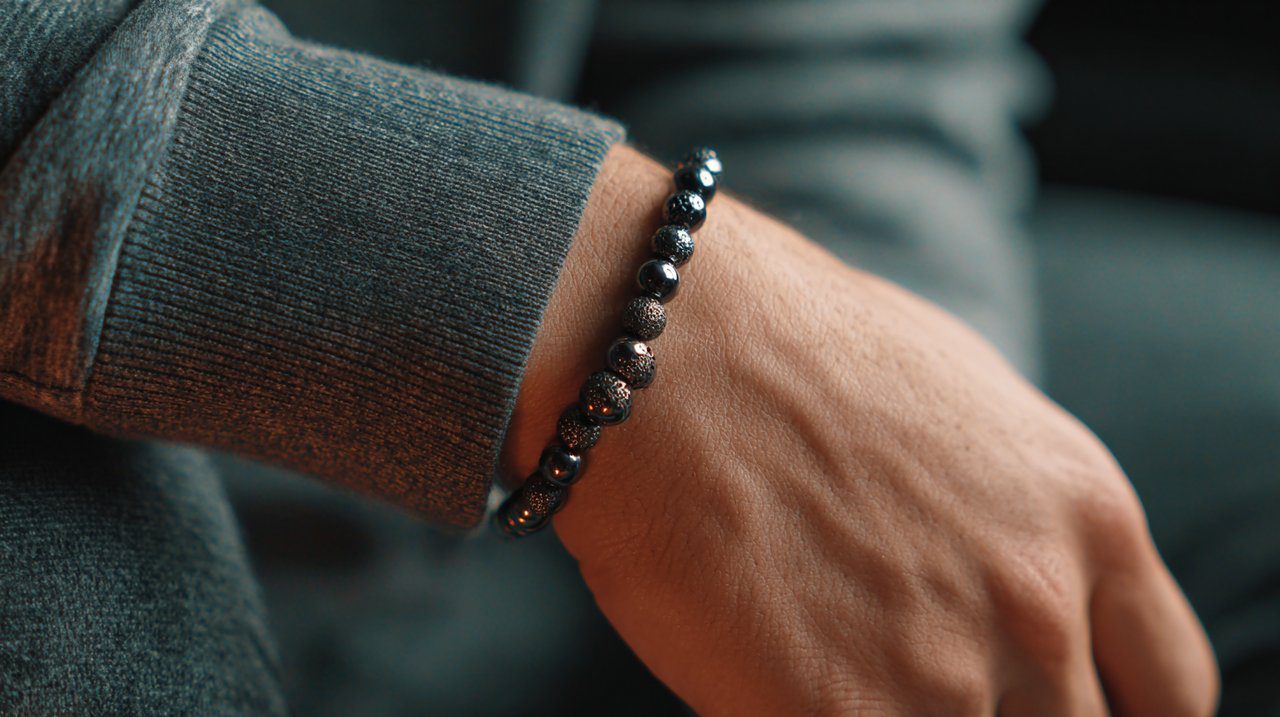 Una pulsera de cuentas de diamantes negros en una muñeca.