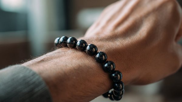 Una pulsera de cuentas de ónix negro en la muñeca de una persona.