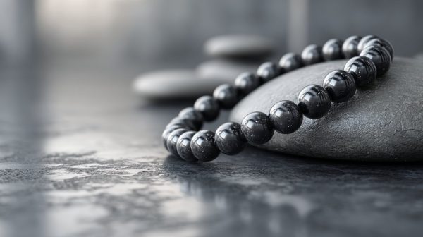 Una pulsera de ónix negro pulido sobre una superficie minimalista.