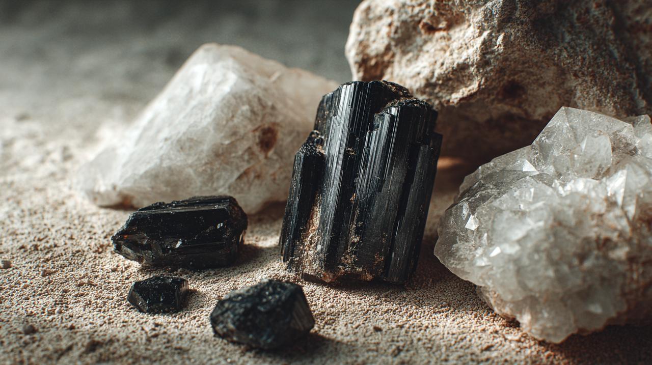 Cristales de turmalina negra y cuarzo blanco en bruto.