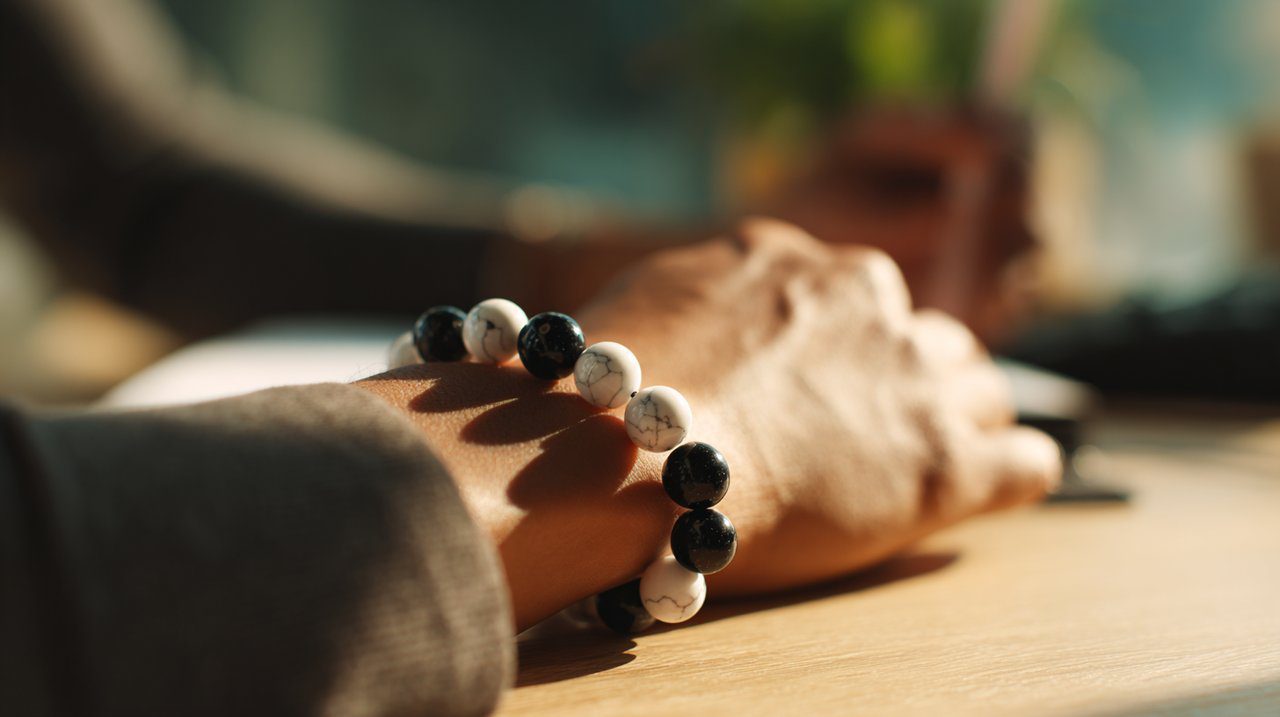 Persona usando una pulsera de turmalina negra y cuarzo blanco.