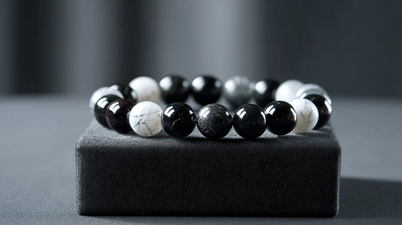 Pulsera de turmalina negra y cuarzo blanco para protección.