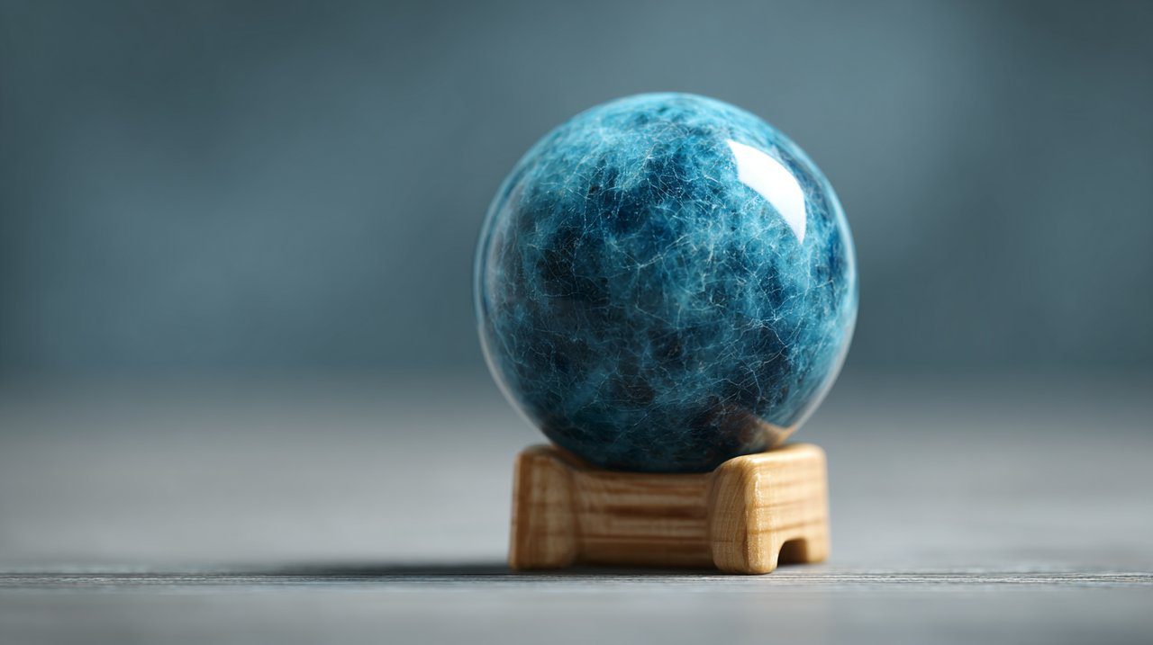A perfectly smooth, polished blue apatite sphere.