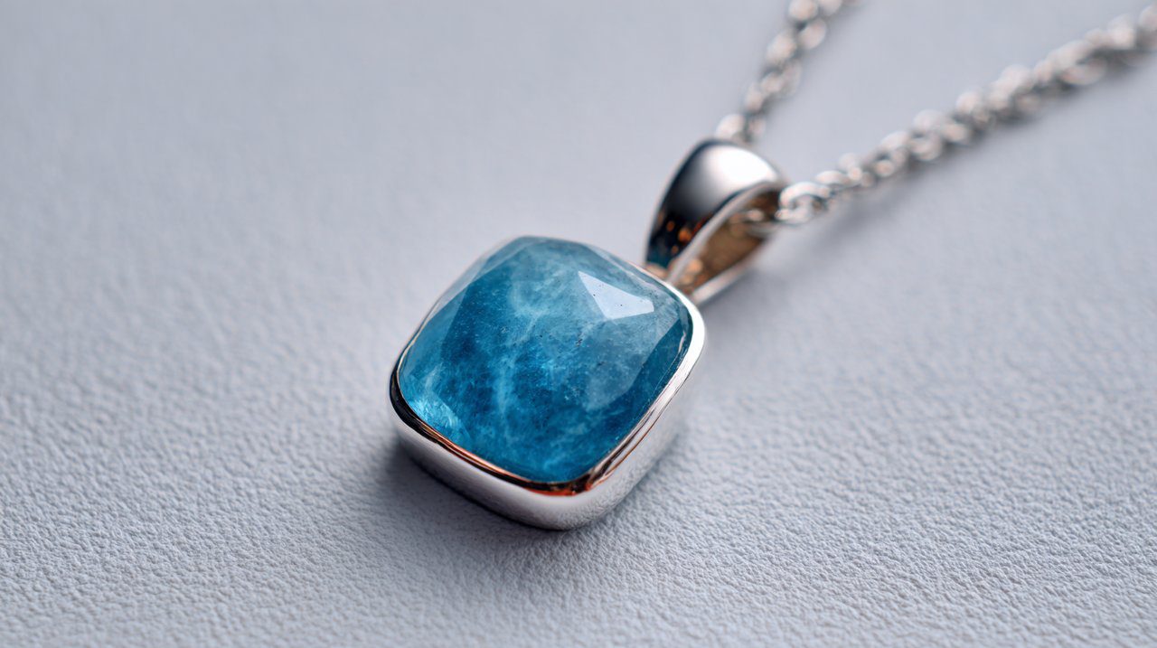 A polished blue apatite pendant on a silver chain.