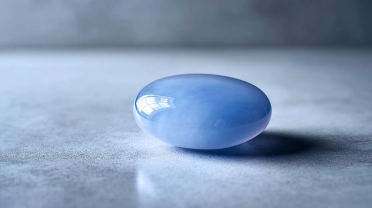 A smooth, polished blue chalcedony worry stone.