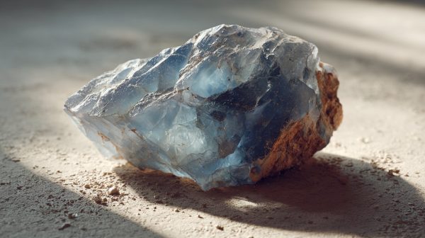 Cristal de calcedonia azul en bruto mostrando su forma natural.