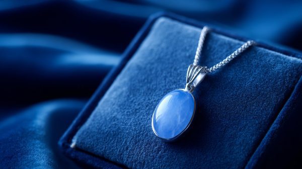 Colgante de calcedonia azul sobre un cojín de terciopelo.