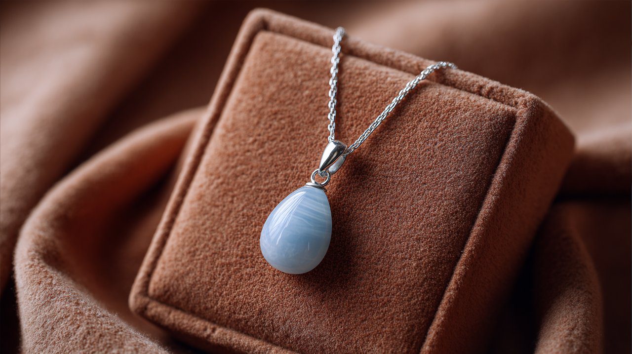 A delicate Blue Lace Agate pendant necklace on a velvet cushion.
