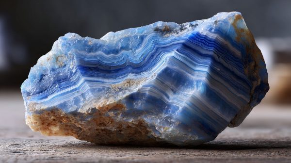 Un cristal de Ágata Azul Rendada en bruto, sin cortar, que muestra sus patrones naturales.