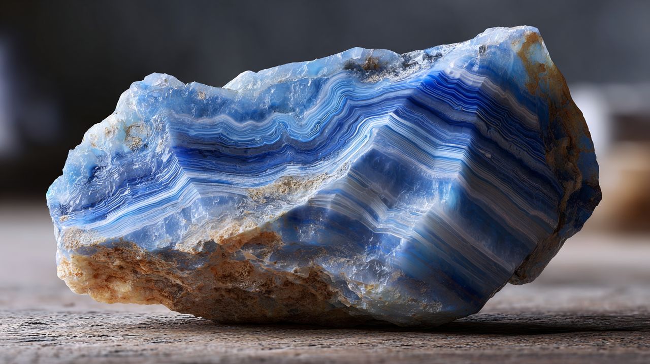 A raw, uncut Blue Lace Agate crystal showing its natural patterns.