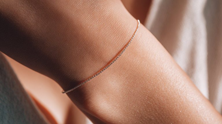A delicate, polished metal bracelet on a wrist.