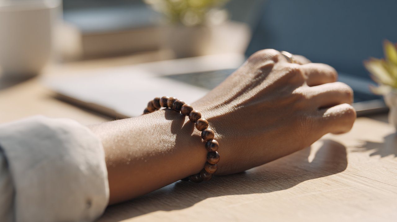 Sutil pulsera de cuentas en la muñeca de una persona.