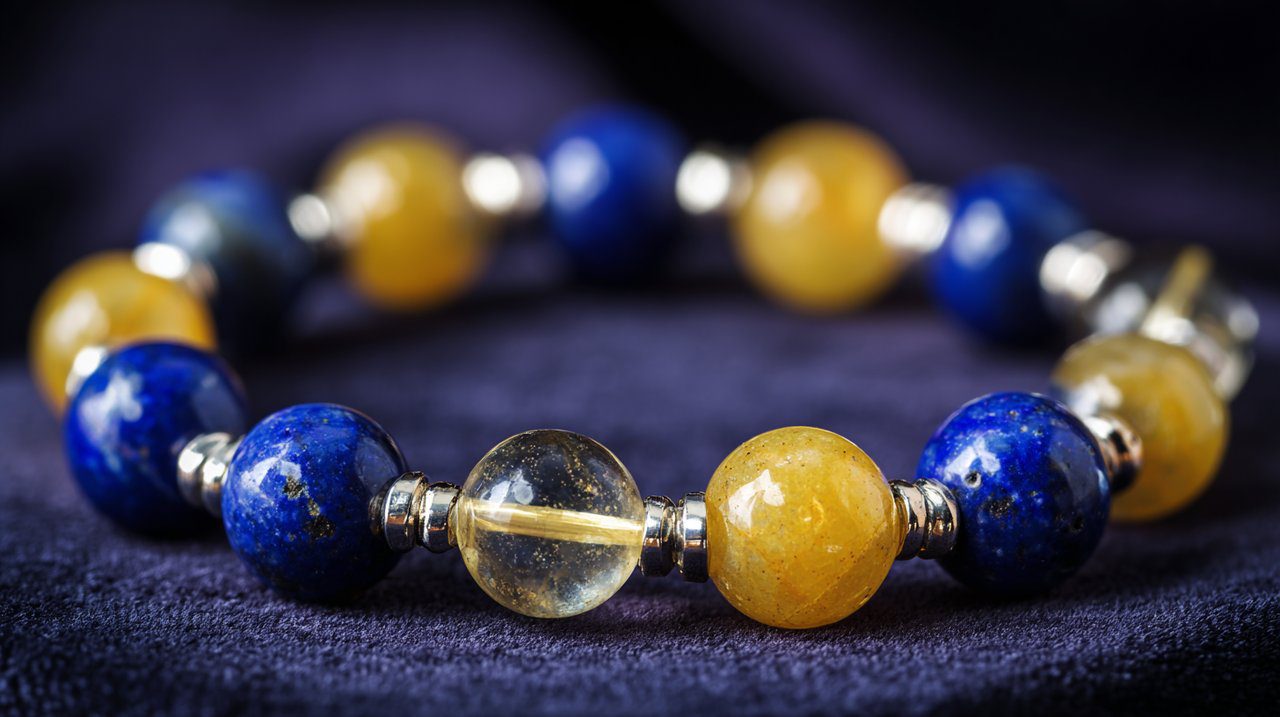 Elegante pulsera con cuentas de lapislázuli y citrina.
