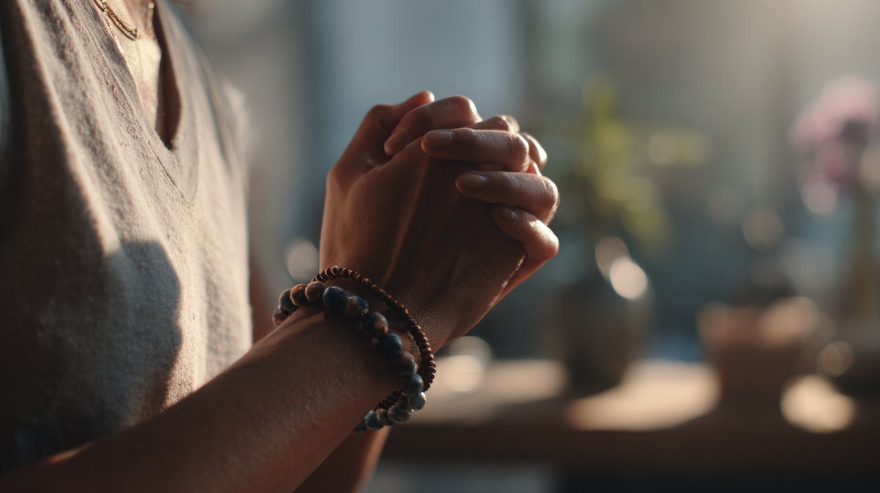 A bracelet on a wrist during a morning reflection ritual.