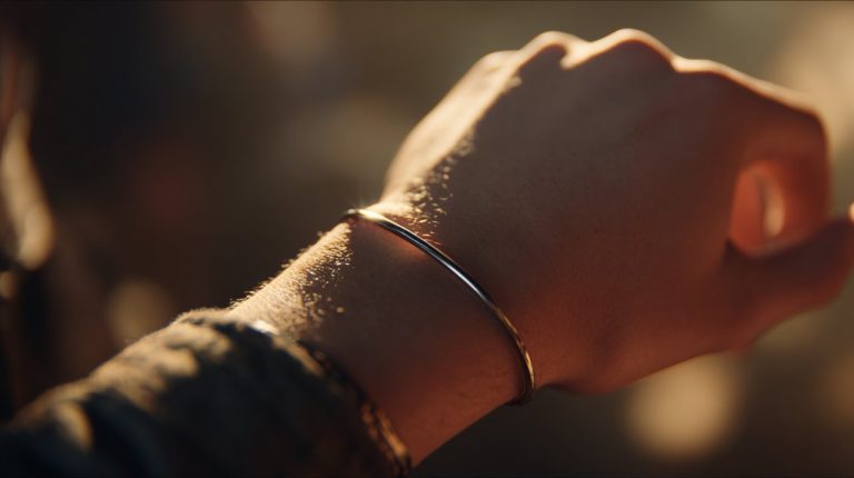 A hand gently touching a textured bracelet, emphasizing sensory connection.