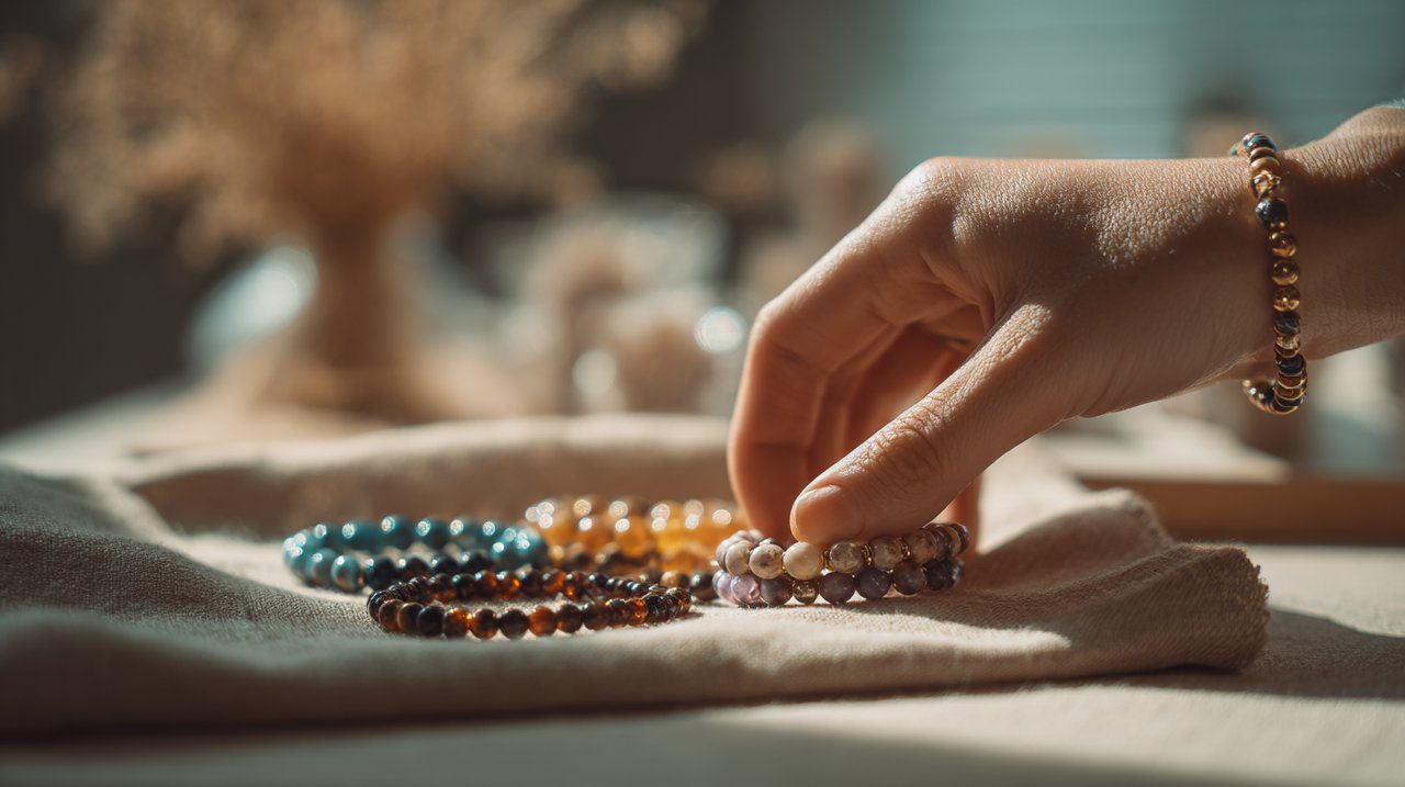 Una mano seleccionando suavemente una pulsera simple y reconfortante de una colección.