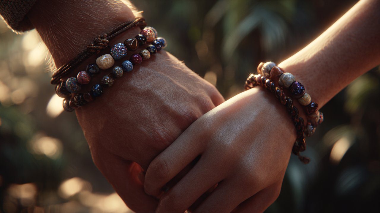 Two hands wearing unique, handcrafted beaded bracelets, suggesting connection.