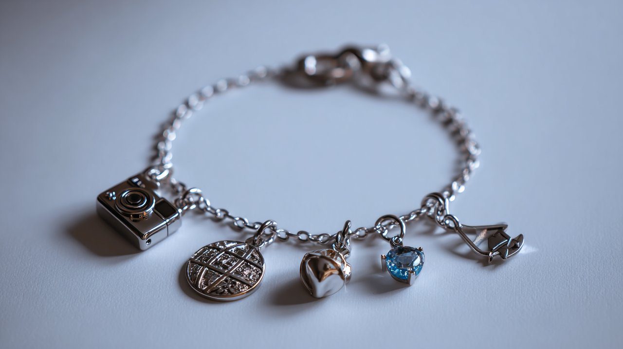 A delicate charm bracelet with a camera, globe, and graduation cap charms.