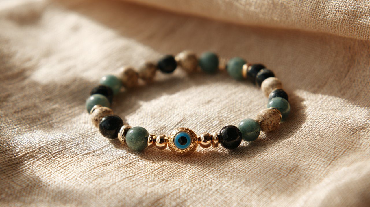 Pulseira moderna de proteção espiritual com amuleto de olho grego.