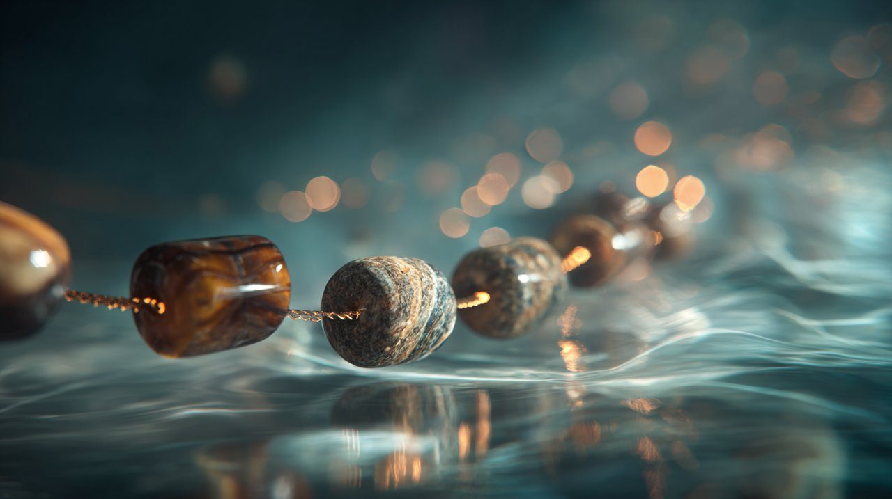 Abstract image of Dzi beads glowing with spiritual energy.