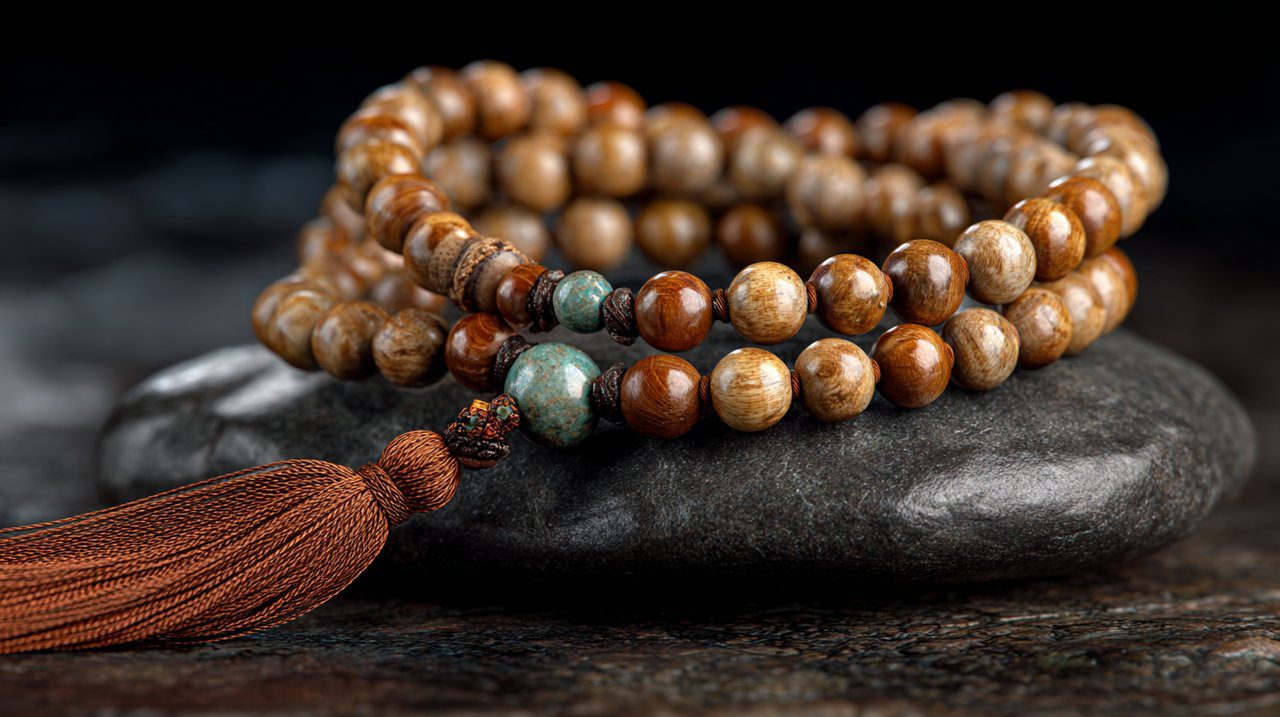 Photorealistic image of sandalwood mala beads with a gemstone guru bead.