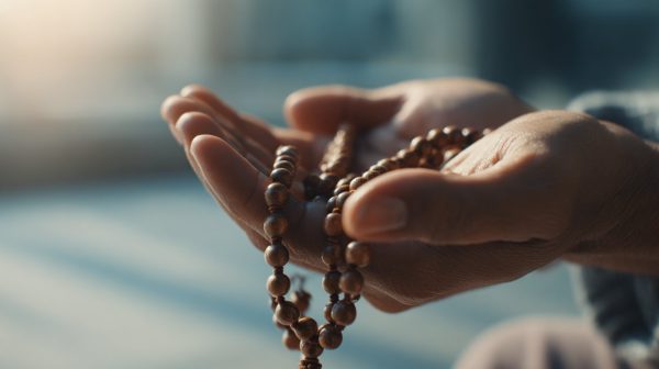 Hands gently holding natural wood mala beads during meditation.