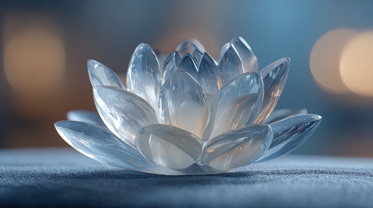 A clear crystal lotus flower carving, symbolizing peace and clarity.