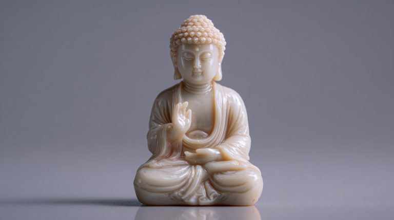 A serene miniature Buddha statue on a minimalist background.